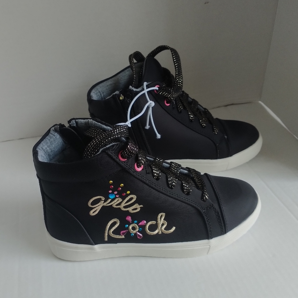 Stevies Size 2 “Girls Rock” Camero Black Lace Up/Zip Up Shoes